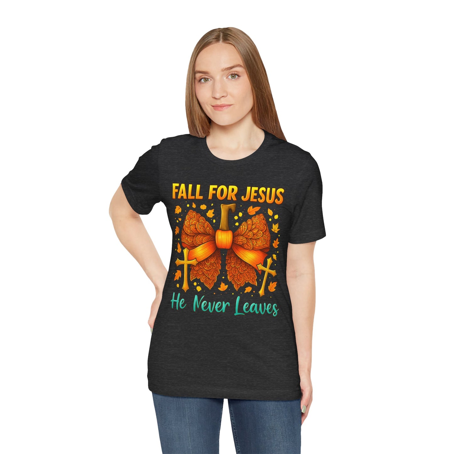 Fall for Jesus He Never Leaves Shirt – Christian Pumpkin Bow Thanksgiving Tee