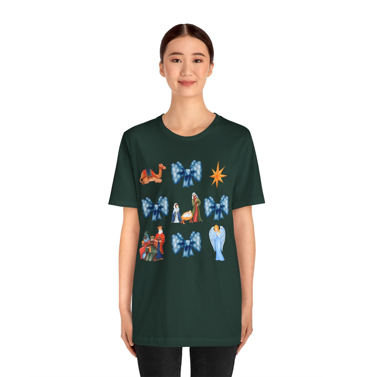 Nativity Scene Coquette Bow Shirt – Cute Christian Christmas Faith Holiday Tee