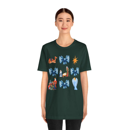 Nativity Scene Coquette Bow Shirt – Cute Christian Christmas Faith Holiday Tee