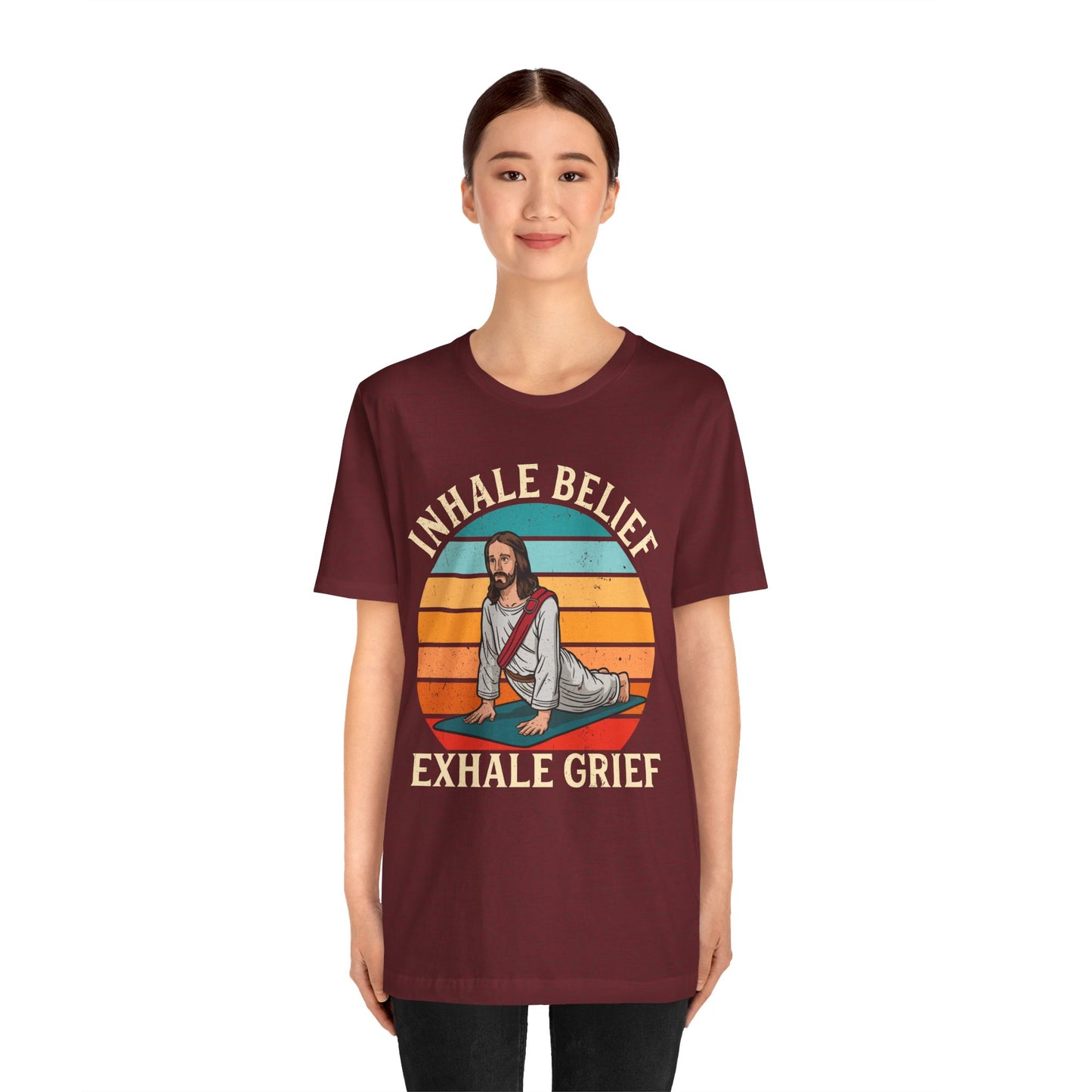 Jesus Inhale Belief Exhale Grief Shirt – Christian Yoga Retro Faith Wellness Tee