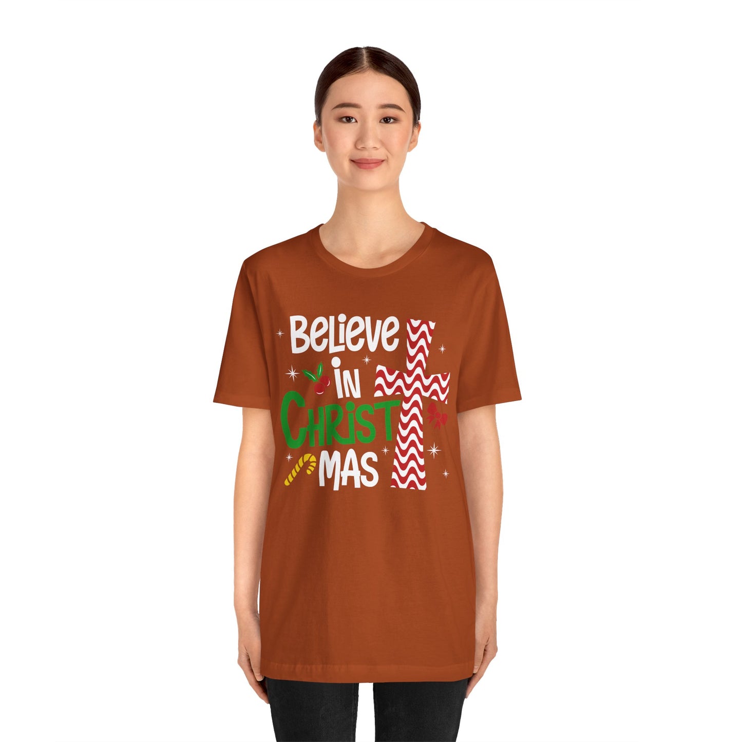 Believe in Christ Christmas Shirt – Christian Faith Jesus Cross Holiday Tee