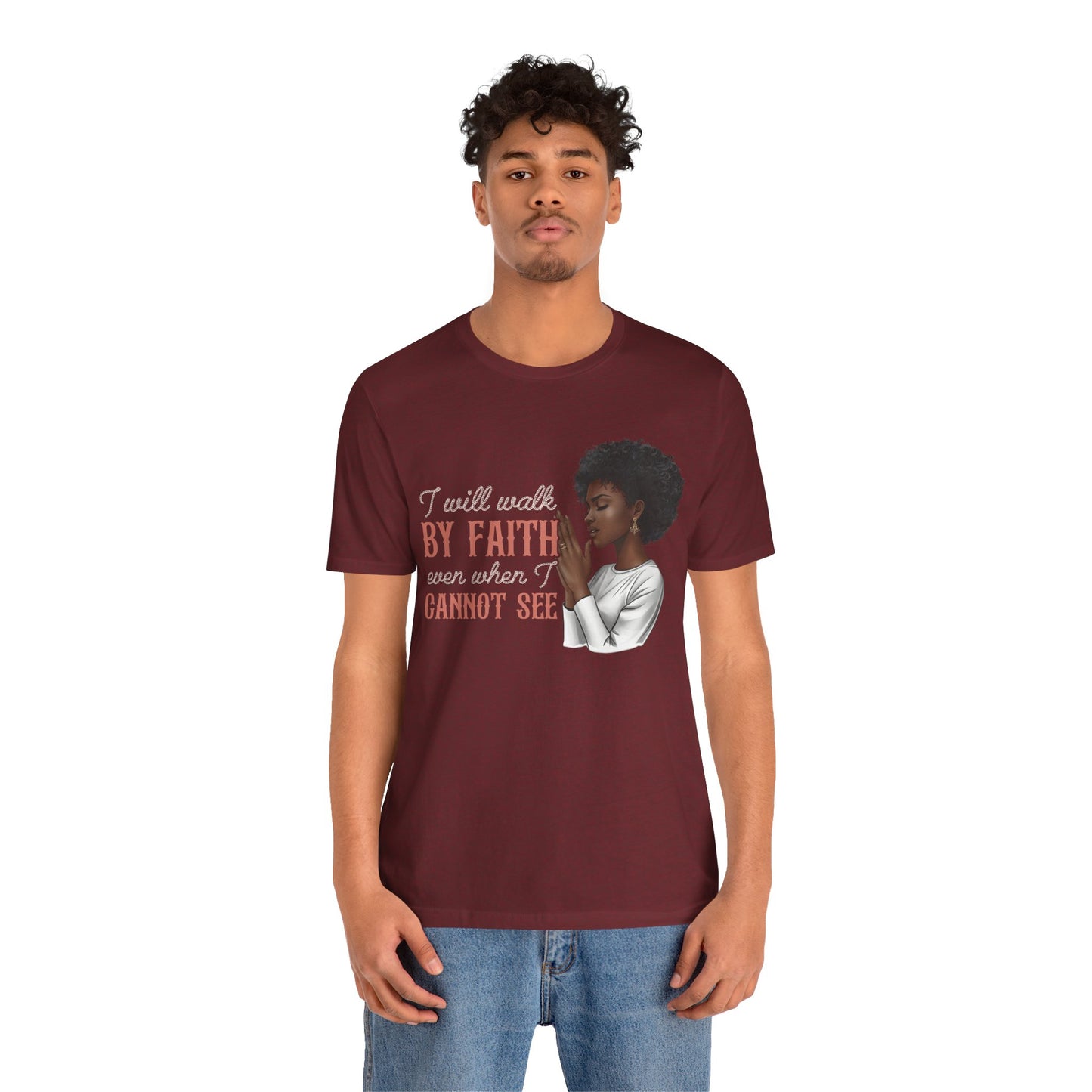 I Will Walk by Faith Shirt – Black Woman Praying Christian Bible Verse Tee