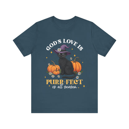God’s Love Is Purr-fect Shirt – Cute Christian Black Cat Pumpkin Fall Faith Tee