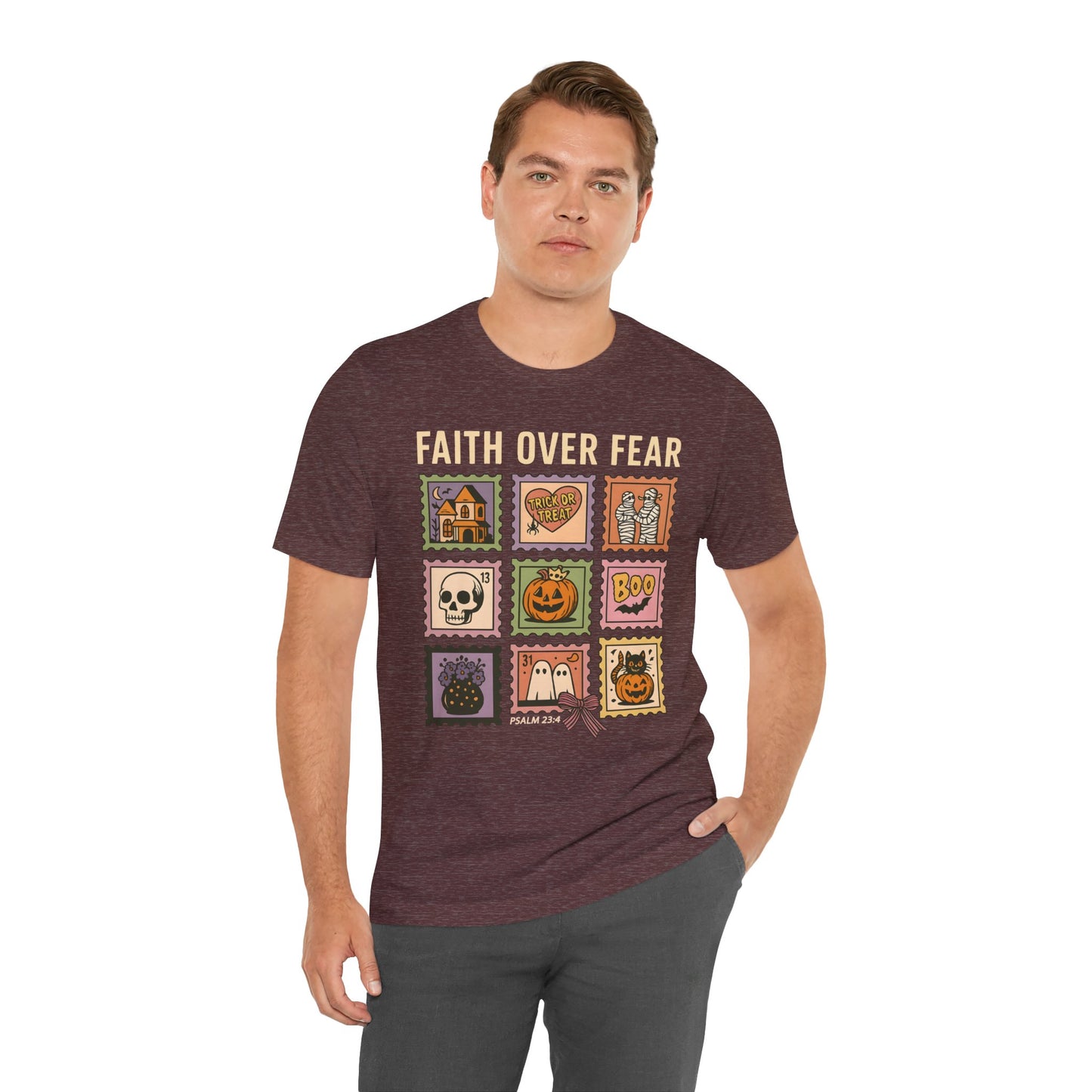 Faith Over Fear Shirt, Christian Halloween Stamp T-Shirt, Religious Spooky Season Tee