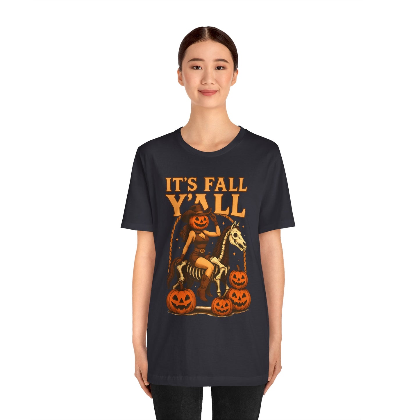 It’s Fall Y’all Shirt – Pumpkin Head Cowgirl Skeleton Horse Western Tee