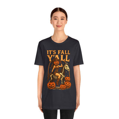 It’s Fall Y’all Shirt – Pumpkin Head Cowgirl Skeleton Horse Western Tee