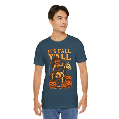It’s Fall Y’all Shirt – Pumpkin Head Cowgirl Skeleton Horse Western Tee