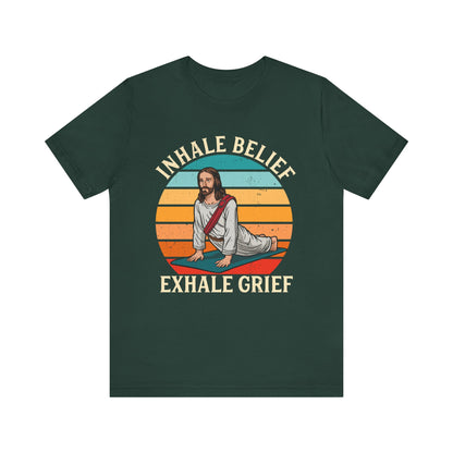 Jesus Inhale Belief Exhale Grief Shirt – Christian Yoga Retro Faith Wellness Tee