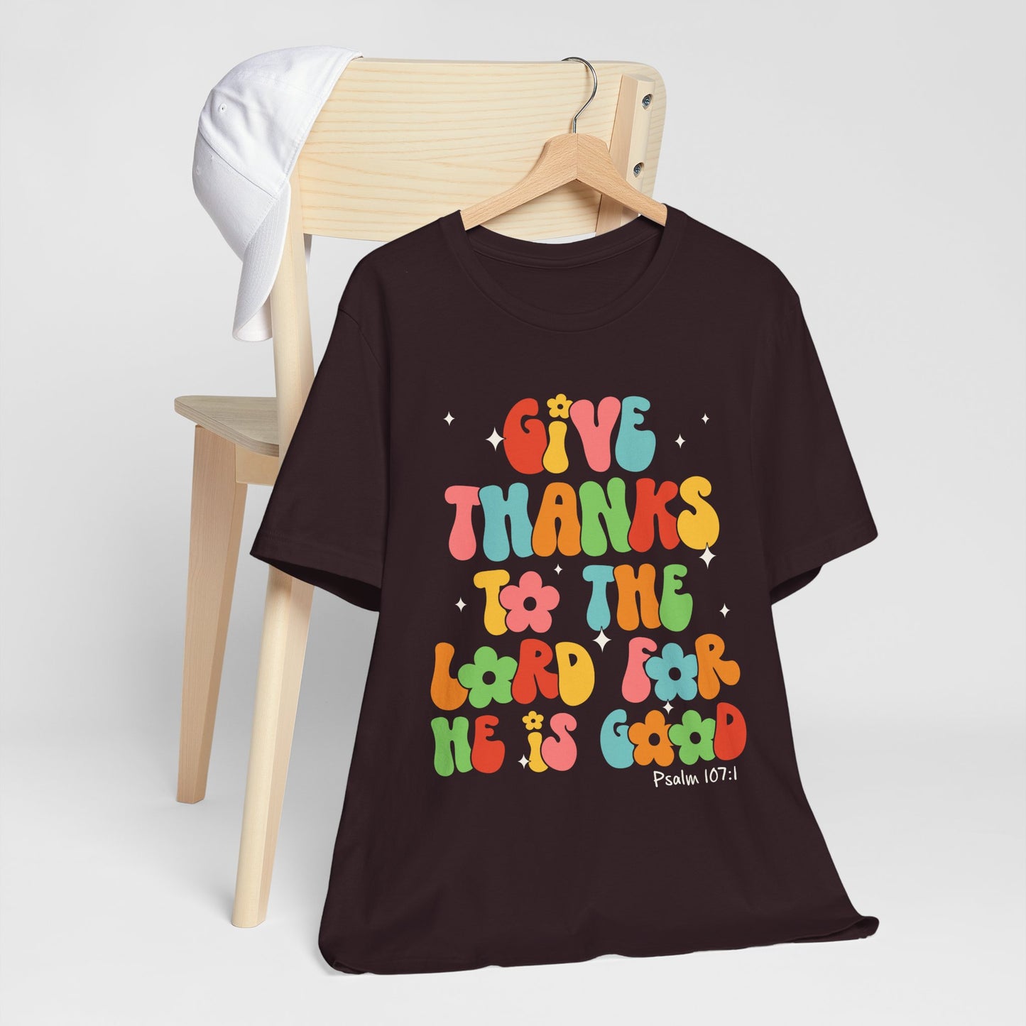 Give Thanks to the Lord Shirt – Groovy Psalm 107:1 Christian Bible Verse Tee