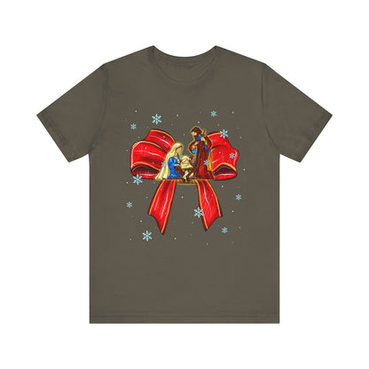 Nativity Scene Christmas Shirt – Coquette Bow Faith Tee, Jesus Holiday Pajama Top