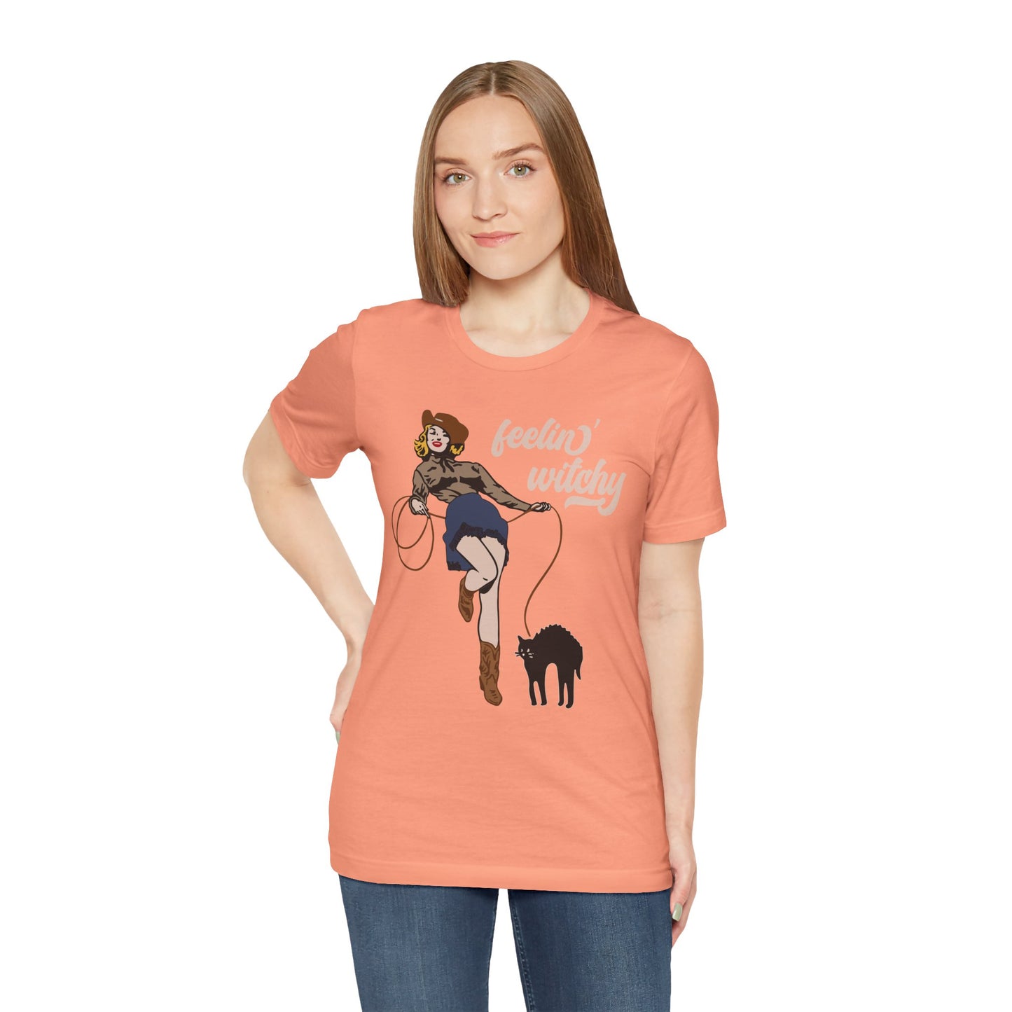 Feeling Witchy Shirt – Vintage Pin-Up Girl & Black Cat Halloween Tee