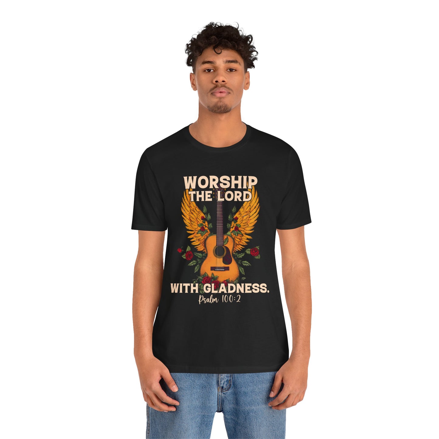 Retro Worship the Lord with Gladness Shirt – Psalm 100:2 Guitar Christian Tee