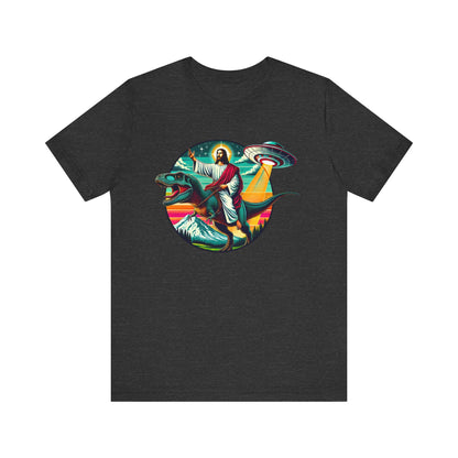 Jesus Riding Dinosaur Shirt – UFO Alien Cross Retro Christian God Tee