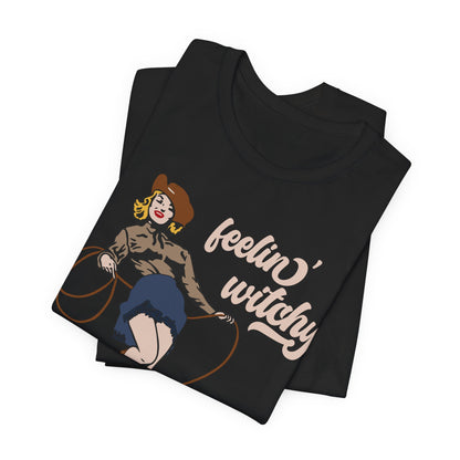 Feeling Witchy Shirt – Vintage Pin-Up Girl & Black Cat Halloween Tee
