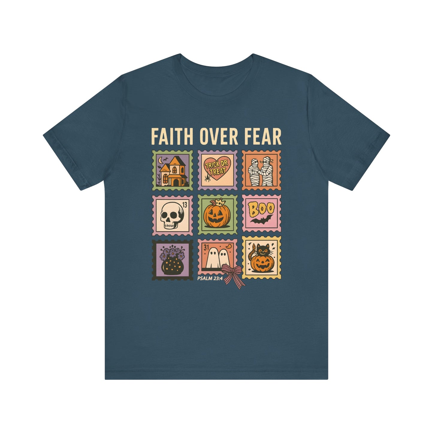 Faith Over Fear Shirt, Christian Halloween Stamp T-Shirt, Religious Spooky Season Tee