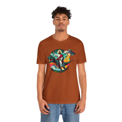 Jesus Riding Dinosaur Shirt – UFO Alien Cross Retro Christian God Tee