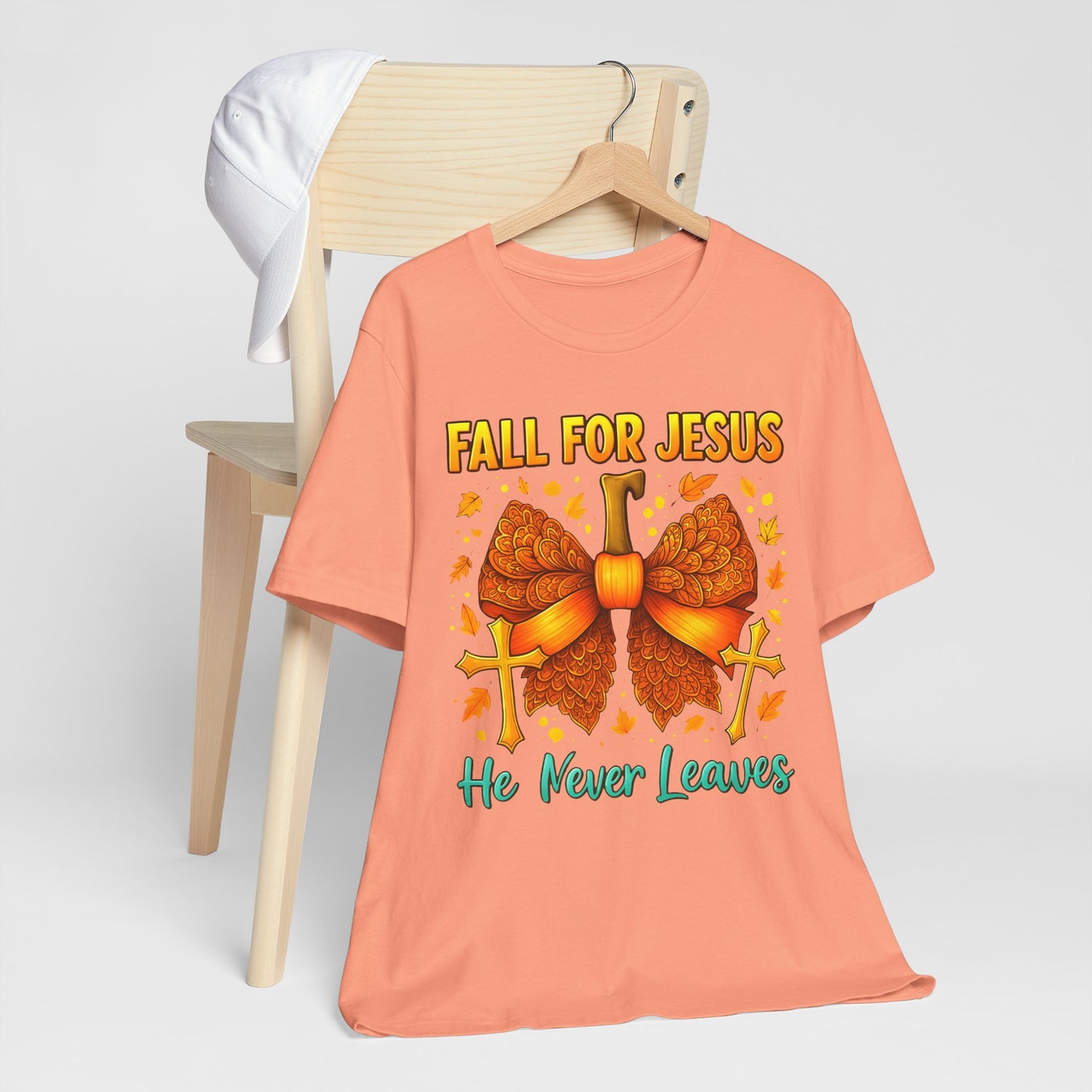 Fall for Jesus He Never Leaves Shirt – Christian Pumpkin Bow Thanksgiving Tee