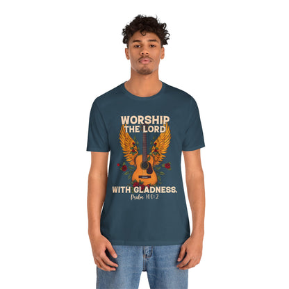 Retro Worship the Lord with Gladness Shirt – Psalm 100:2 Guitar Christian Tee
