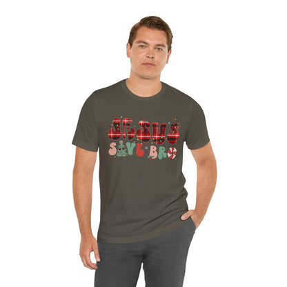 Groovy Jesus Saves Bro Shirt – Retro Red Plaid Christian Christmas Tee