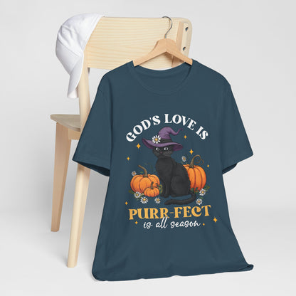 God’s Love Is Purr-fect Shirt – Cute Christian Black Cat Pumpkin Fall Faith Tee