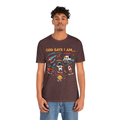 God Says I Am Kids Shirt – Christian Astronaut Space Galaxy Bible Affirmation Tee