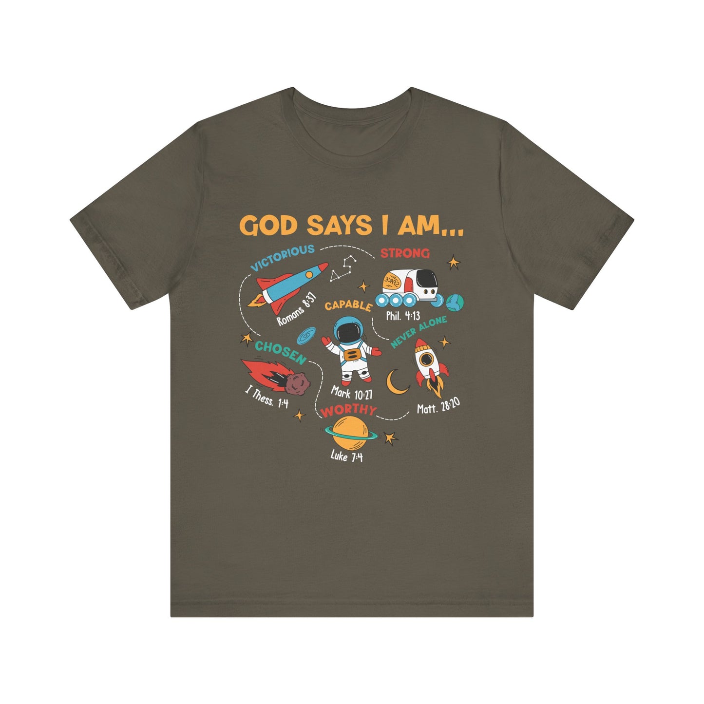 God Says I Am Kids Shirt – Christian Astronaut Space Galaxy Bible Affirmation Tee