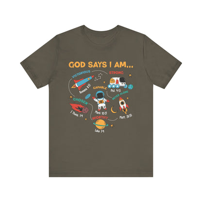 God Says I Am Kids Shirt – Christian Astronaut Space Galaxy Bible Affirmation Tee