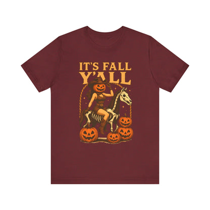 It’s Fall Y’all Shirt – Pumpkin Head Cowgirl Skeleton Horse Western Tee
