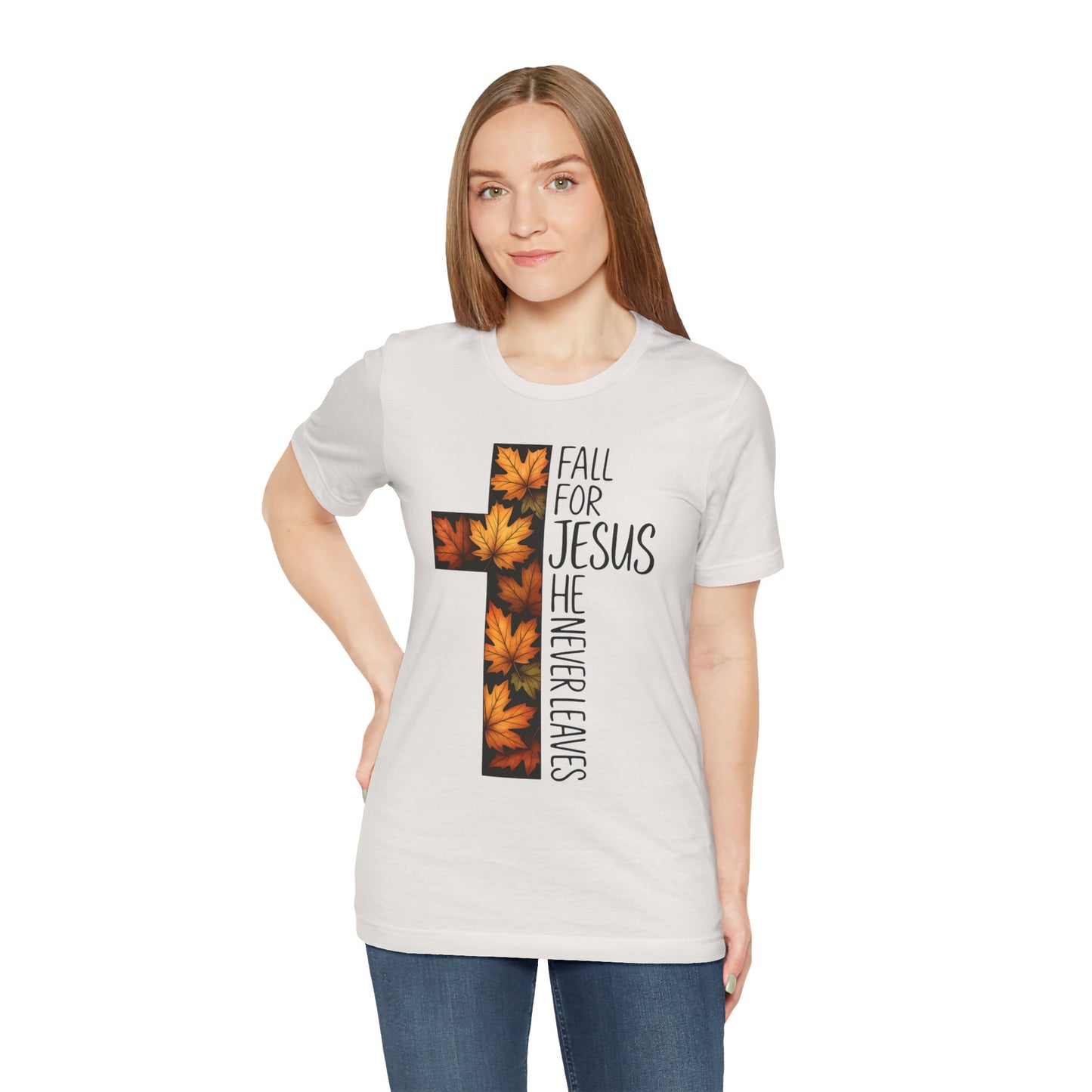 Fall for Jesus He Never Leaves Shirt – Retro Christian Cross Thanksgiving Tee