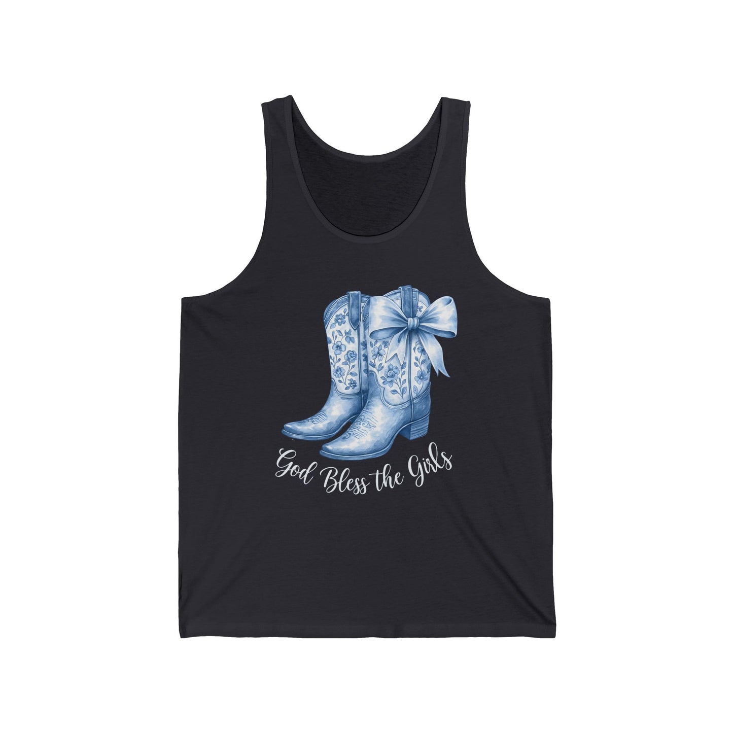 God Bless the Girls Tank – Blue Floral Cowgirl Boots Western Texas Unisex Jersey