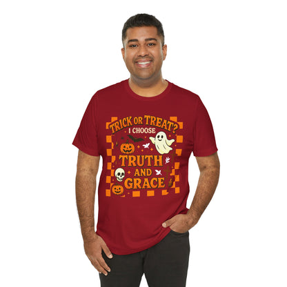 Trick or Treat I Choose Truth and Grace Shirt – Christian Halloween Faith Tee