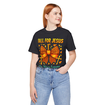 Fall for Jesus He Never Leaves Shirt – Christian Pumpkin Bow Thanksgiving Tee