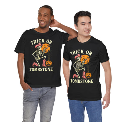 Trick or Tombstone Shirt Funny Skeleton Cowboy Halloween Tee, Spooky Western Rodeo Outfit