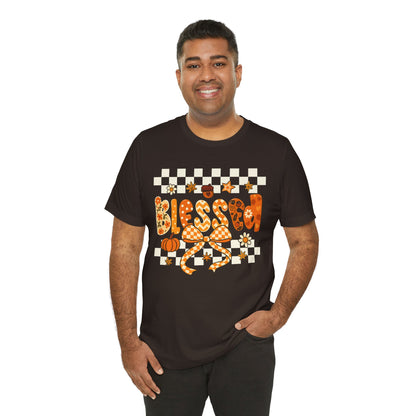 Blessed Checkerboard Pumpkin Shirt – Christian Thankful Fall Thanksgiving Tee