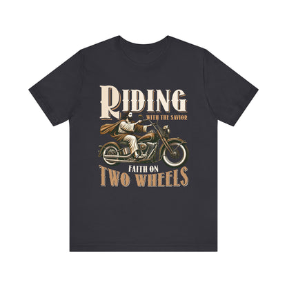 Riding With the Savior Shirt – Christian Biker Motorcycle Faith Graphic Tee