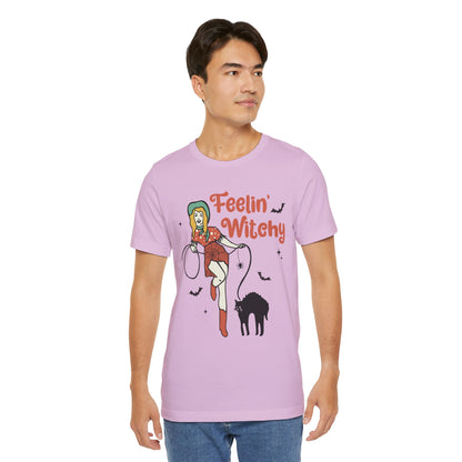 Feelin’ Witchy Shirt Vintage Pin-Up Witch & Black Cat Halloween Tee