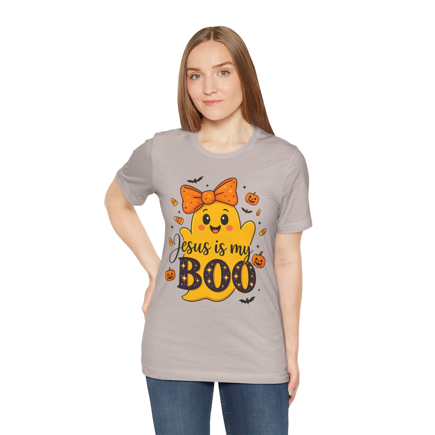 Jesus Is My Boo Shirt – Cute Christian Ghost with Bow Halloween Faith Tee