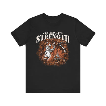 Clothed With Strength Shirt – Christian Tiger Cherry Blossom Proverbs 31:25 Tee