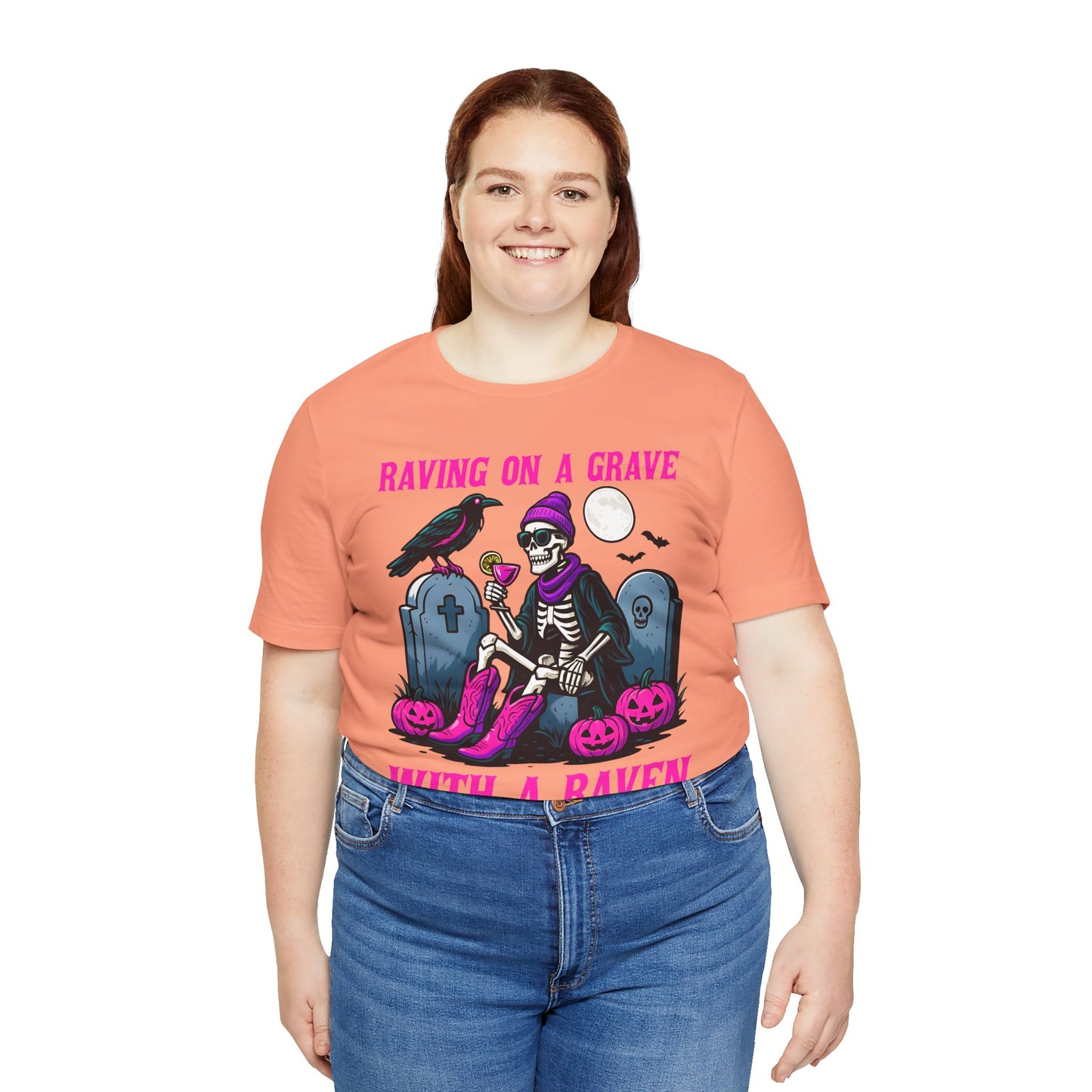 Raving on a Grave Shirt – Halloween Skeleton Raven Gothic Party Tee