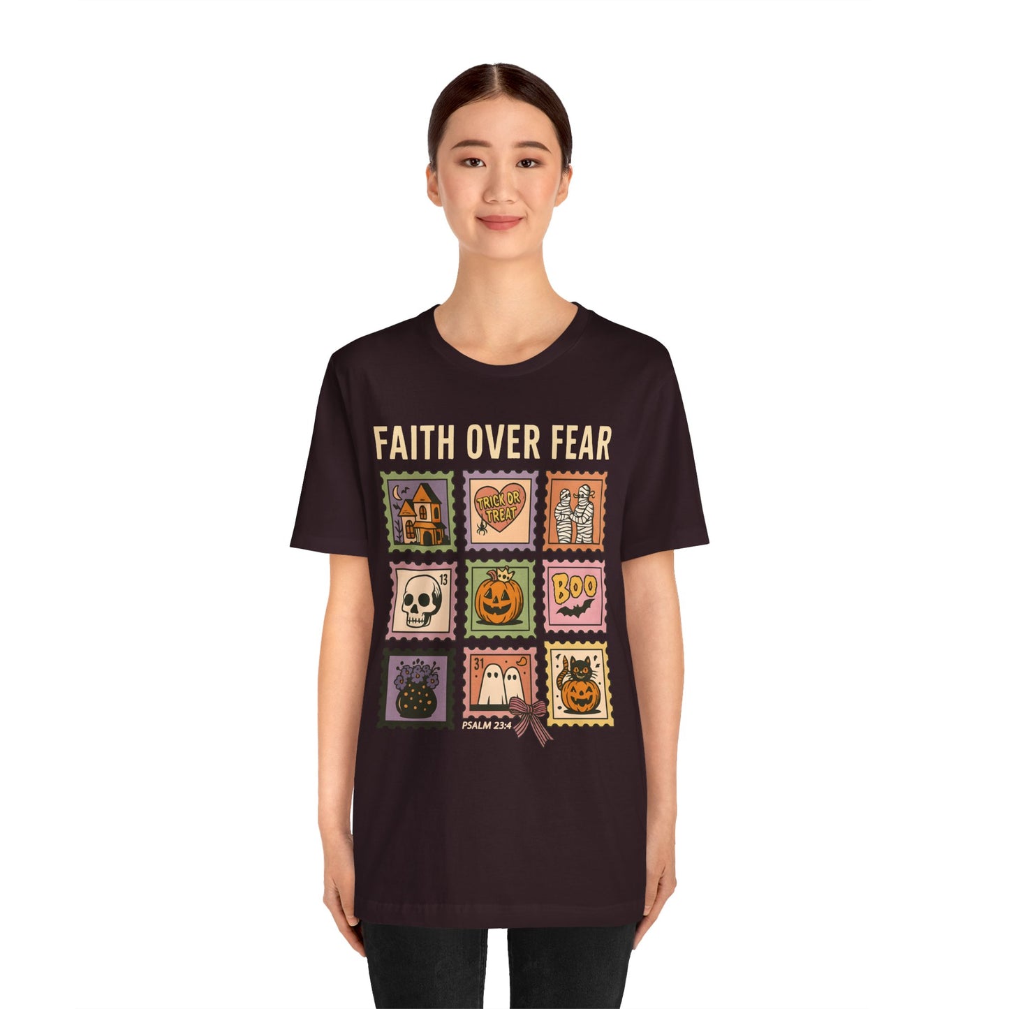 Faith Over Fear Shirt, Christian Halloween Stamp T-Shirt, Religious Spooky Season Tee
