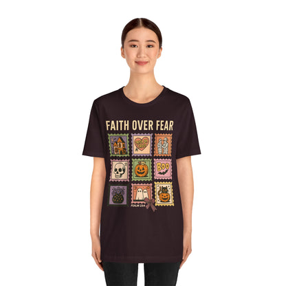 Faith Over Fear Shirt, Christian Halloween Stamp T-Shirt, Religious Spooky Season Tee