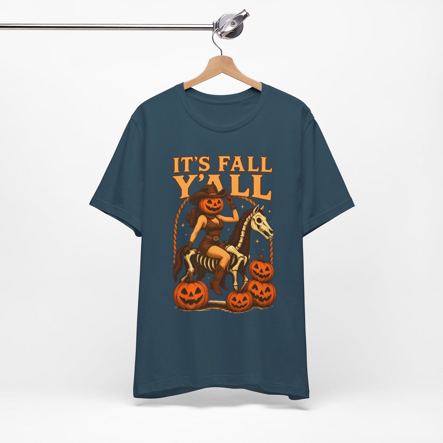 It’s Fall Y’all Shirt – Pumpkin Head Cowgirl Skeleton Horse Western Tee