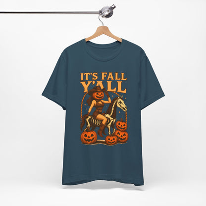 It’s Fall Y’all Shirt – Pumpkin Head Cowgirl Skeleton Horse Western Tee