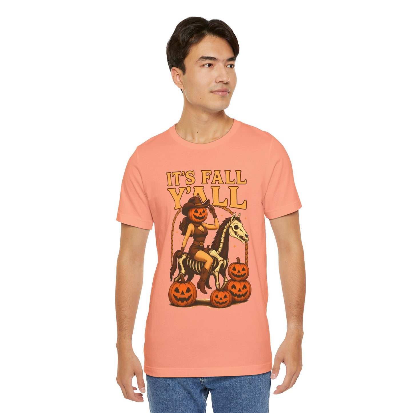 It’s Fall Y’all Shirt – Pumpkin Head Cowgirl Skeleton Horse Western Tee
