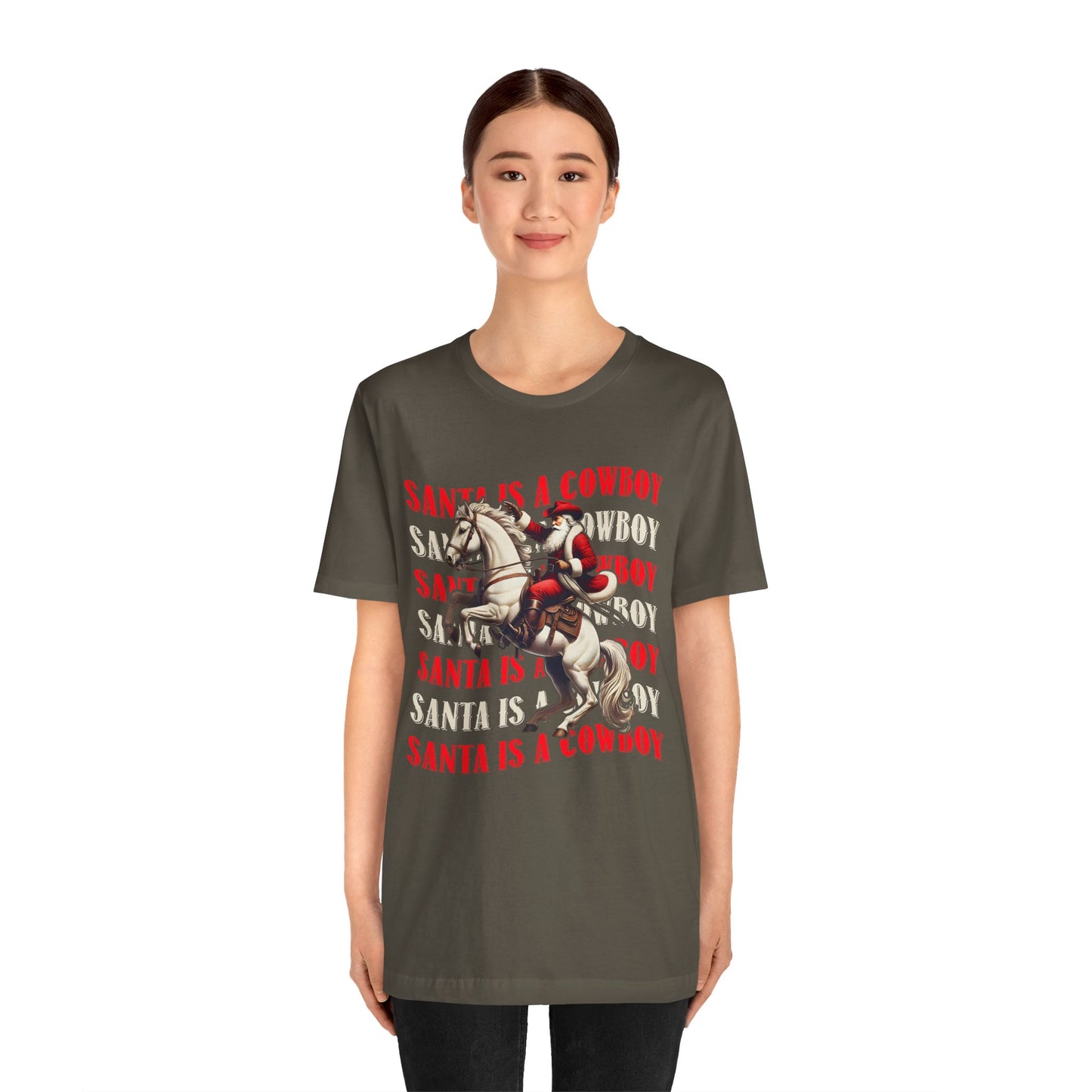 Santa Is a Cowboy Shirt – Western Christmas Tee, Texas Horseback Santa Claus