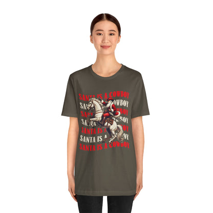 Santa Is a Cowboy Shirt – Western Christmas Tee, Texas Horseback Santa Claus