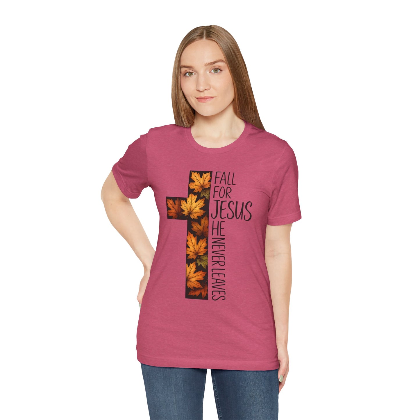 Fall for Jesus He Never Leaves Shirt – Retro Christian Cross Thanksgiving Tee