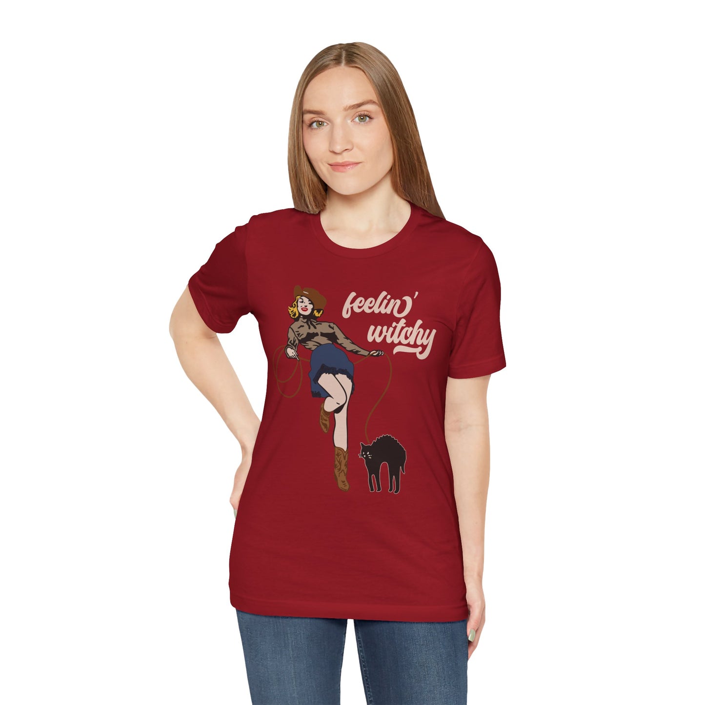 Feeling Witchy Shirt – Vintage Pin-Up Girl & Black Cat Halloween Tee