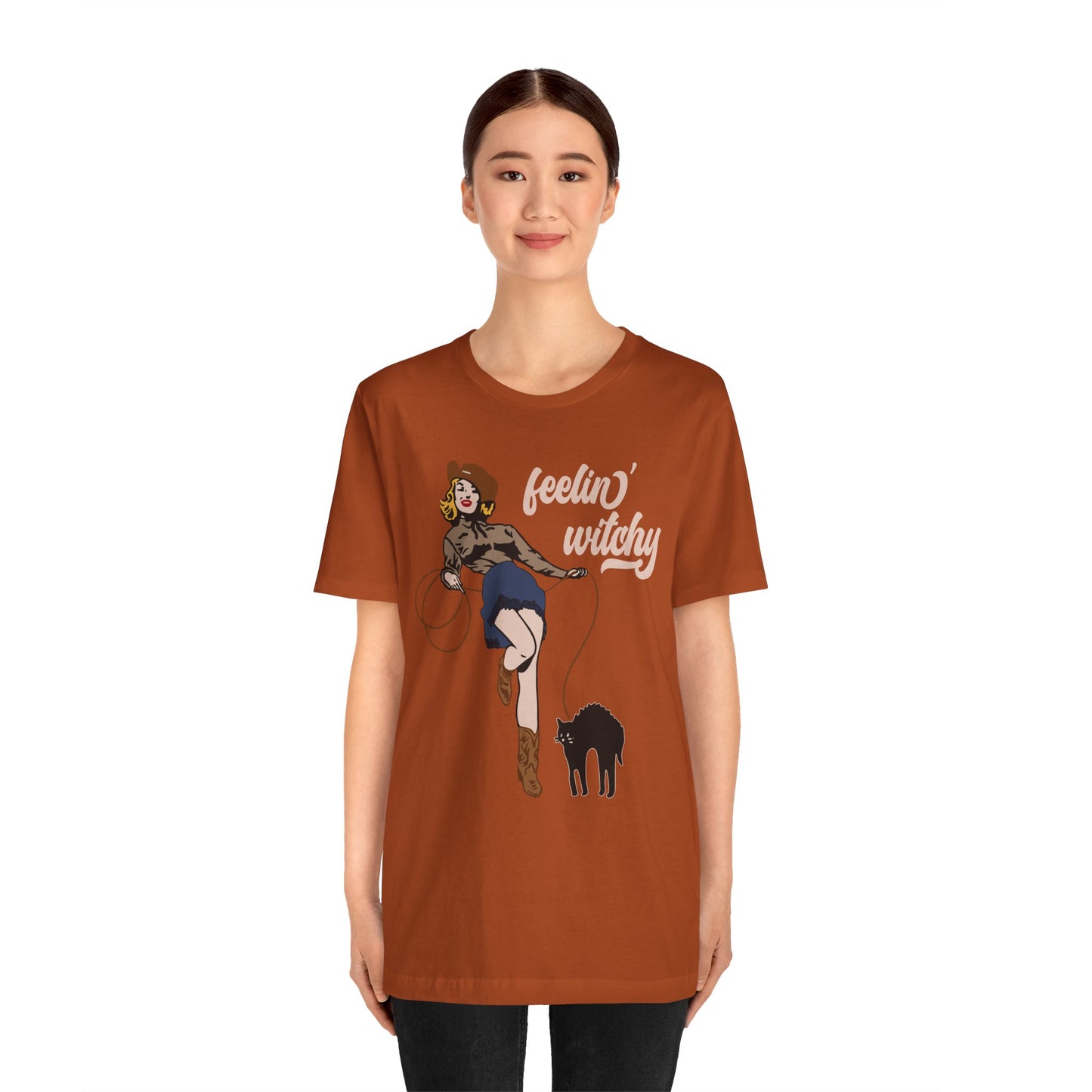 Feeling Witchy Shirt – Vintage Pin-Up Girl & Black Cat Halloween Tee