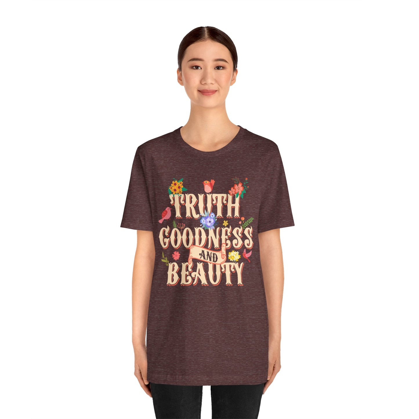 Truth Goodness and Beauty Shirt – Retro Floral Christian Virtue Faith Tee for Women
